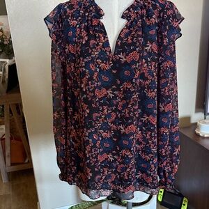 Joie Floral Blouse - Navy and Coral